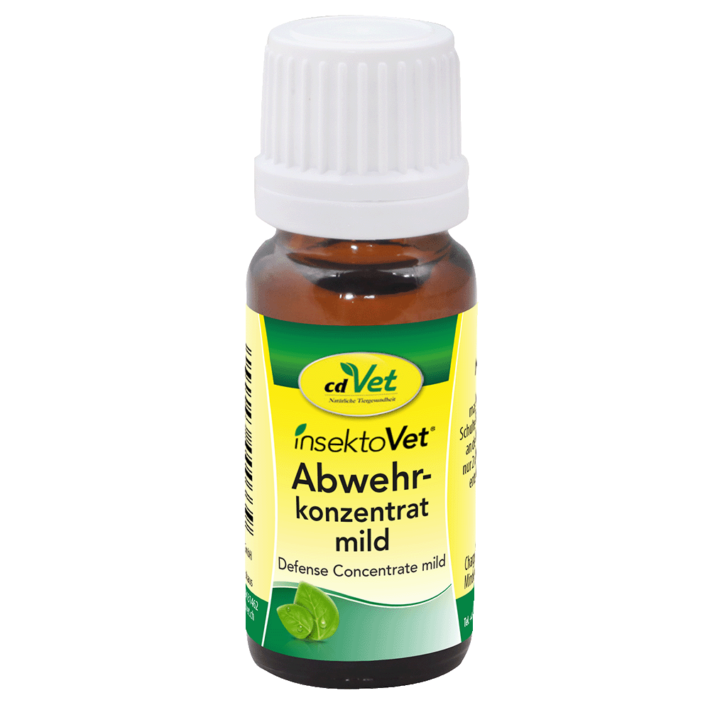 Abwehrkonzentrat, mild, Defence Concentrate, Tropfen, Tierarzt, insect repellent, defense concentrate, mild formula, braune Flasche, Etiketten Text